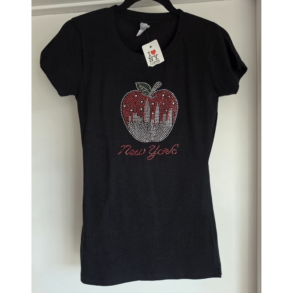 Torkia New York Crystal Apple Women's Black T-Shirt Size L Casual Crew Neck